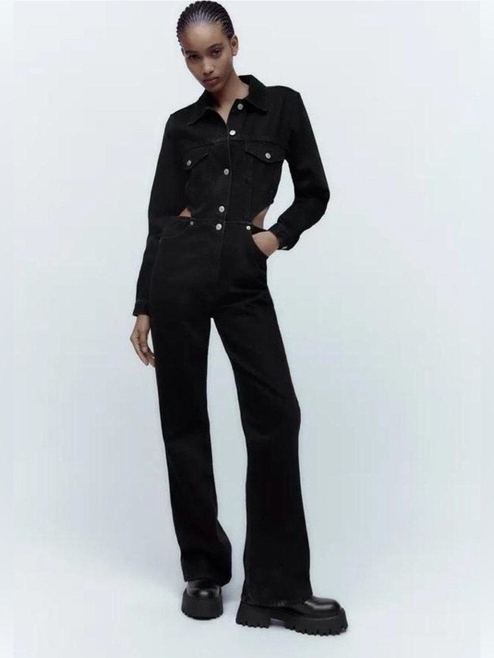 ZARA Full Length Cut Out Denim Jumpsuit